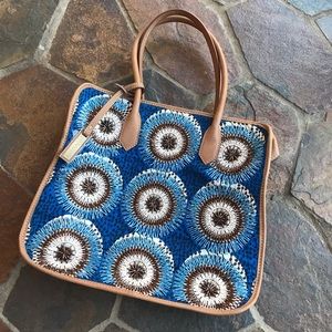 Eredappa leather canvas beaded tote bag purse blue